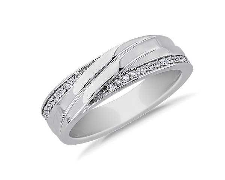 Men'S Rings | Blue Nile Diagonal Lined With Pav Diamond Edge Men'S Wedding Ring In 14K White Gold (1/8 Ct. Tw.)