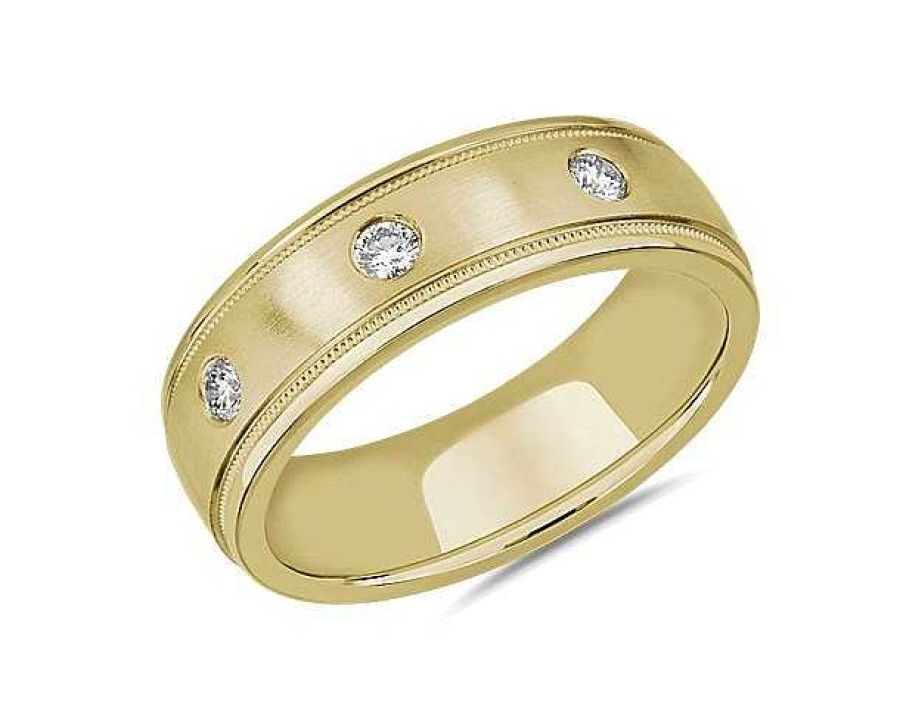 Men'S Rings | Blue Nile Milgrain Burnished Set Diamond Wedding Ring In 18K Yellow Gold (5 Mm, 1/5 Ct. Tw.)