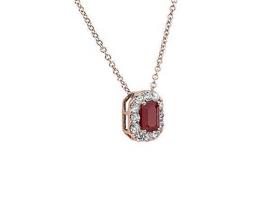 Necklaces | Blue Nile Emerald Cut Ruby And Diamond Halo Pendant In 14K Rose Gold (6X4Mm)