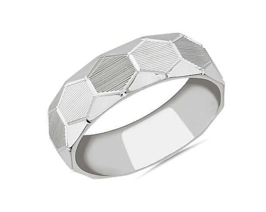 Men'S Rings | Blue Nile Raised Hexagon Lined Wedding Ring In 14K White Gold (7Mm)