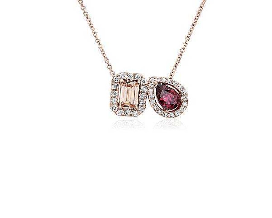 Necklaces | Blue Nile Morganite And Rhodolite With Diamond Halo Two Stone Pendant In 14K Rose Gold