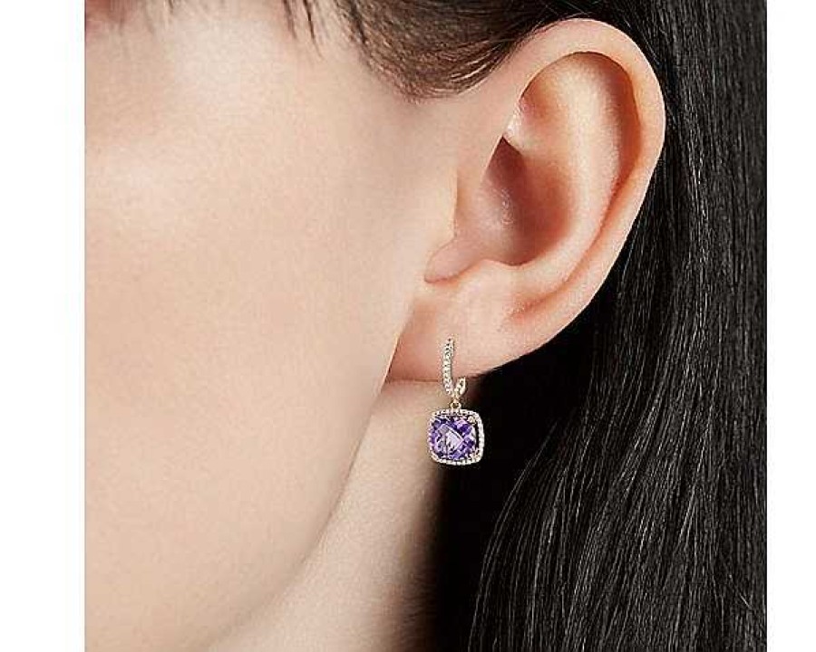 Earrings | Blue Nile Cushion Cut Amethyst And Diamond Halo Drop Earrings In 14K Rose Gold (9Mm)