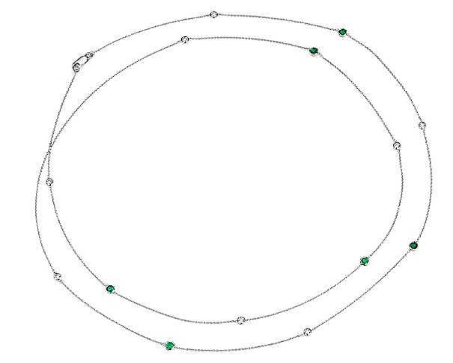 Necklaces | Blue Nile Petite Stationed Emerald And Diamond Necklace In 14K White Gold (36")