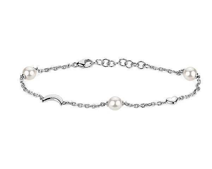 Bracelets | Blue Nile 7.25" Pearl, Moon, And Heart Charm Bracelet In Sterling Silver