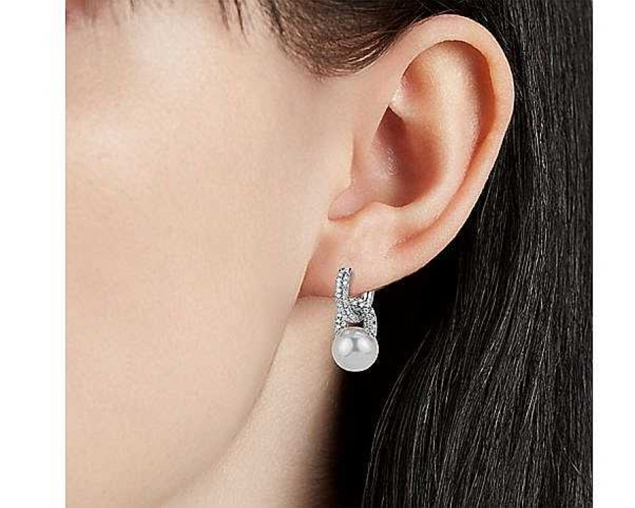 Earrings | Blue Nile Diamond Door Knocker Earrings With South Sea Cultured Pearls In 18K White Gold (9.5-10Mm)