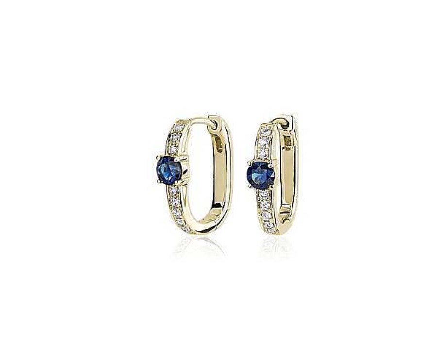 Earrings | Blue Nile Front Facing Sapphire And Diamond Hoop Earrings In 14K Yellow Gold