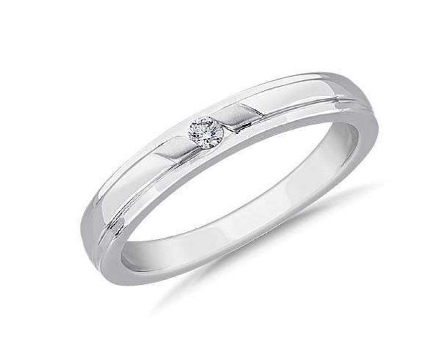 Men'S Rings | Blue Nile Diagonal Channel Set Round Solitaire Diamond Ring In 14K White Gold (.05 Ct. Tw.)