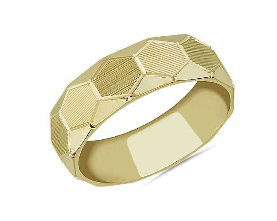 Men'S Rings | Blue Nile Raised Hexagon Lined Wedding Ring In 14K Yellow Gold (7Mm)