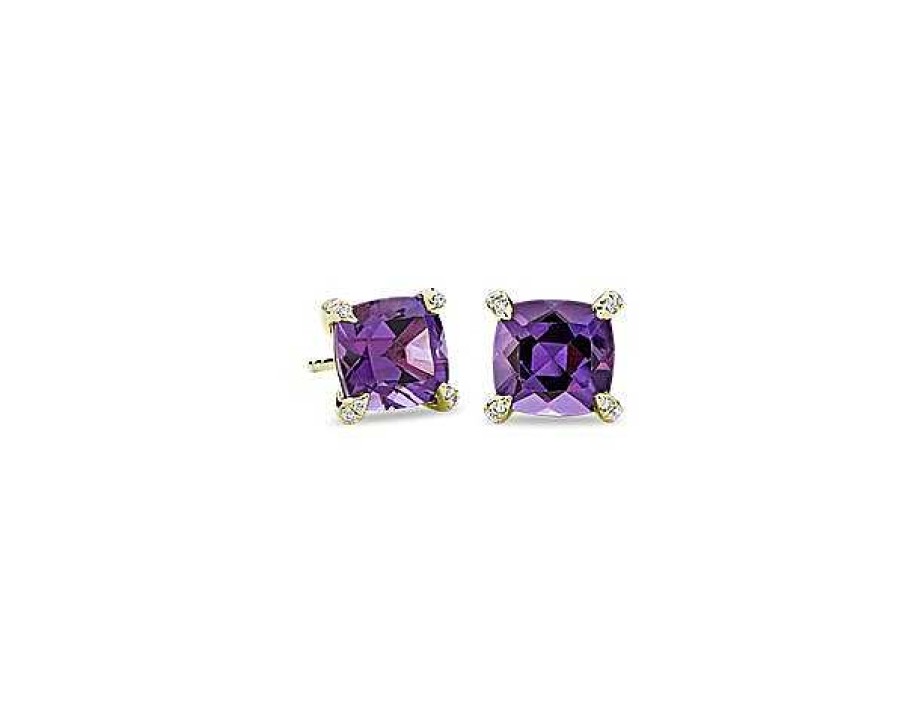 Earrings | Blue Nile Cushion Cut Amethyst And Diamond Accent Earrings In 14K Yellow Gold (7Mm)