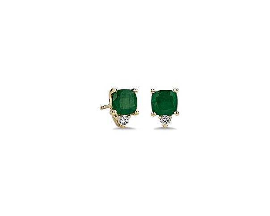 Earrings | Blue Nile Cushion Cut Emerald And Diamond Earrings In 14K Yellow Gold (5Mm)