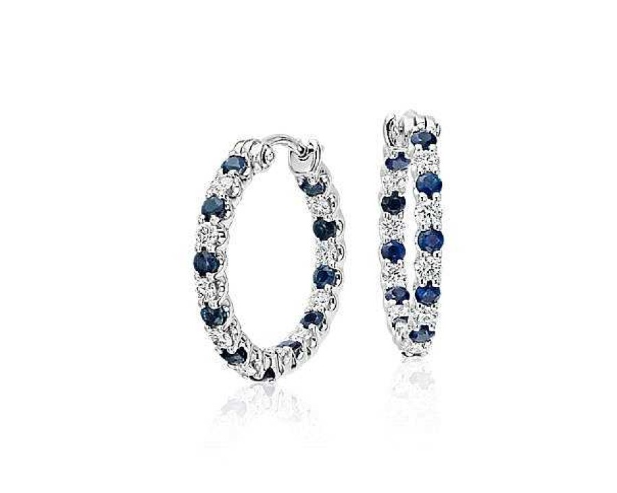 Earrings | Blue Nile Luna Sapphire And Diamond Hoop Earrings In 18K White Gold (2Mm)