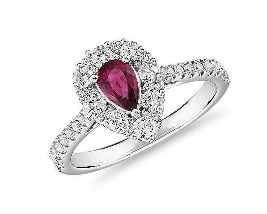 Rings | Blue Nile Pear-Shaped Ruby Ring With Diamond Halo In 14K White Gold (6X4Mm)