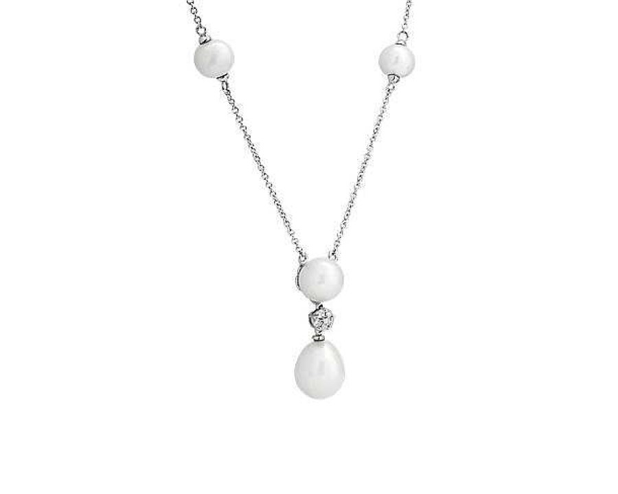 Necklaces | Blue Nile Stationed Freshwater Pearl Necklace With Drop Pendant In 14K White Gold