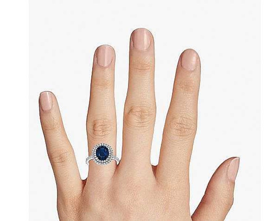 Rings | Blue Nile Oval Sapphire And Diamond Double Halo Micropav Ring In 18K White Gold (9X7Mm)