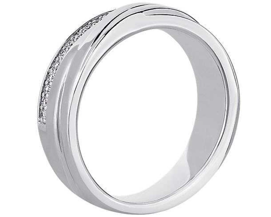 Men'S Rings | Blue Nile Diagonal Lined With Pav Diamond Edge Men'S Wedding Ring In Platinum (1/8 Ct. Tw.)