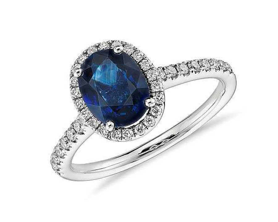 Rings | Blue Nile Sapphire And Micropav Diamond Halo Ring In 14K White Gold (8X6Mm)