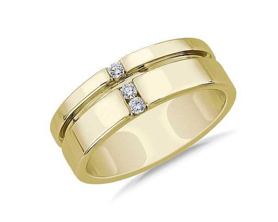 Men'S Rings | Blue Nile Men'S Grooved Diamond Line Band In 14K Yellow Gold (7.6 Mm, .1 Ct. Tw.)