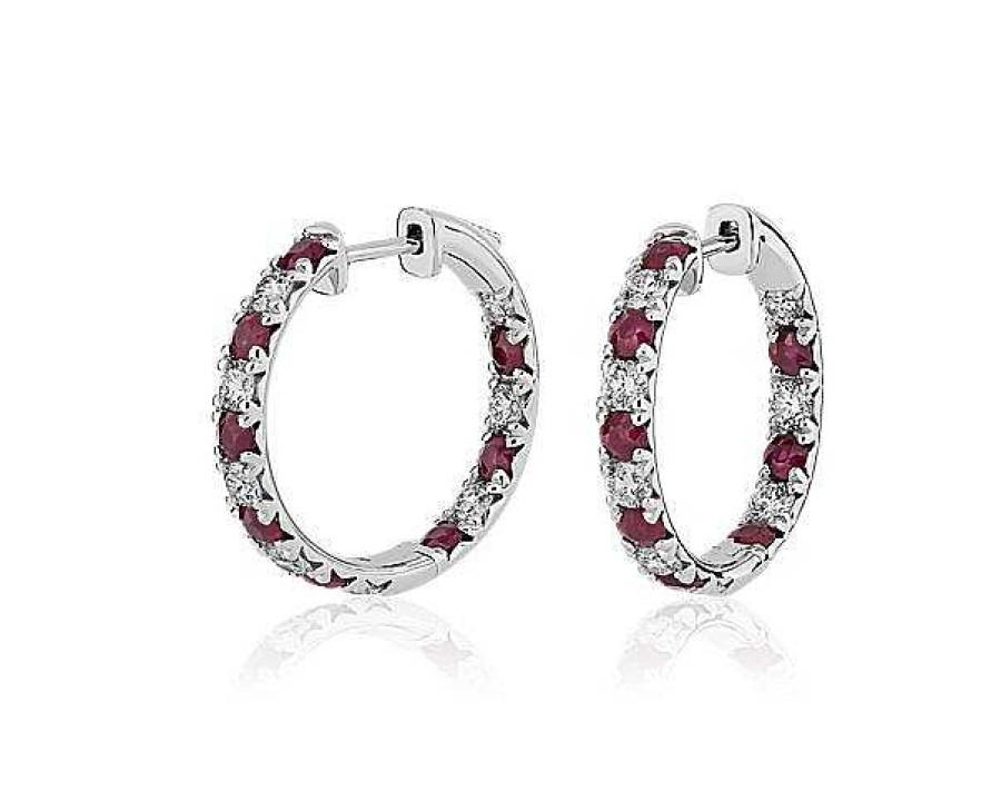 Earrings | Blue Nile Alternating Ruby And Diamond French Pave Hoop Earrings In 14K White Gold