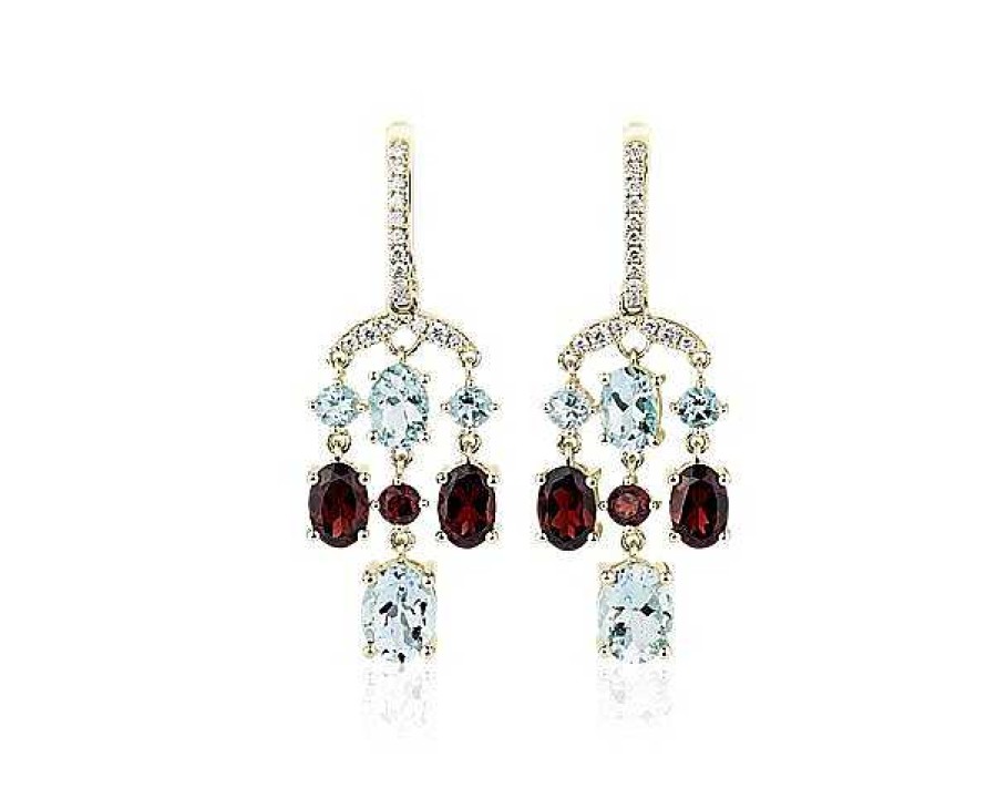 Earrings | Blue Nile Garnet And Aquamarine Chandelier Earrings In 14K Yellow Gold