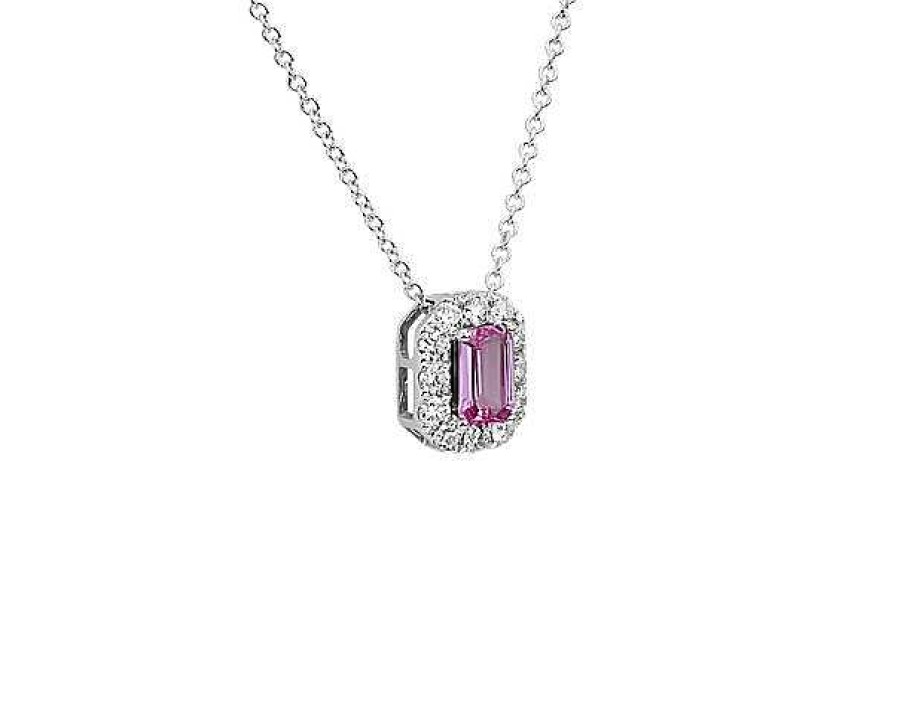 Necklaces | Blue Nile Emerald Cut Pink Sapphire And Diamond Halo Pendant In 14K White Gold (6X4Mm)