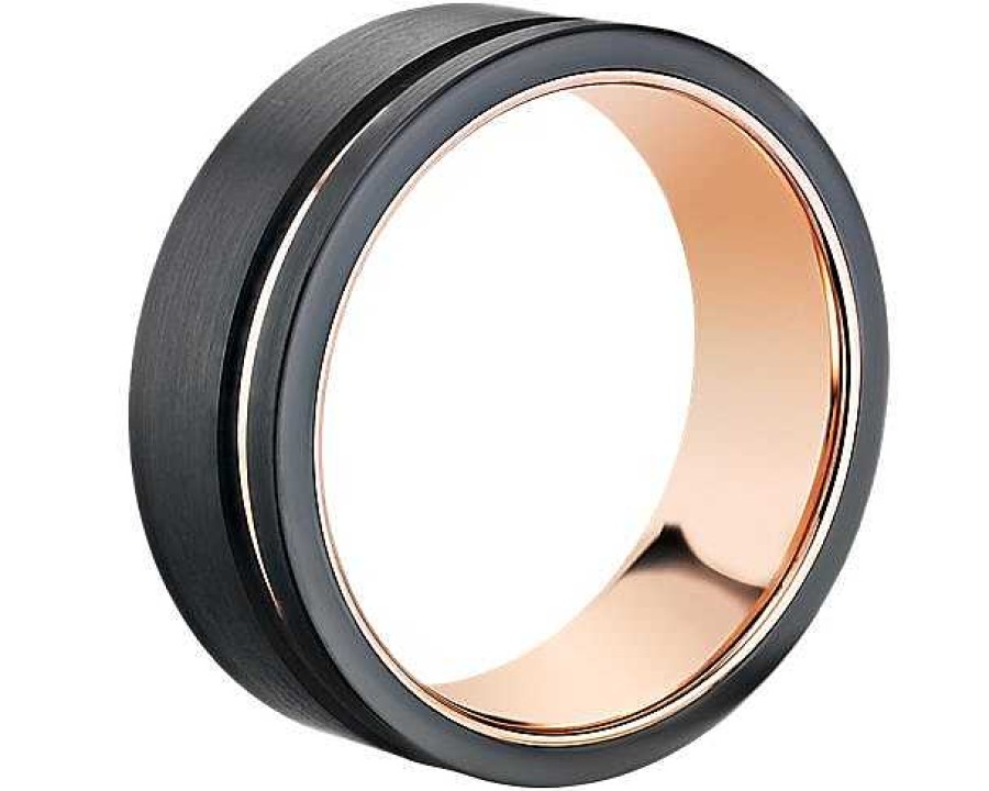 Men'S Rings | Blue Nile Asymmetrical Black & Rose Engraved Wedding Ring In Tungsten (8Mm)