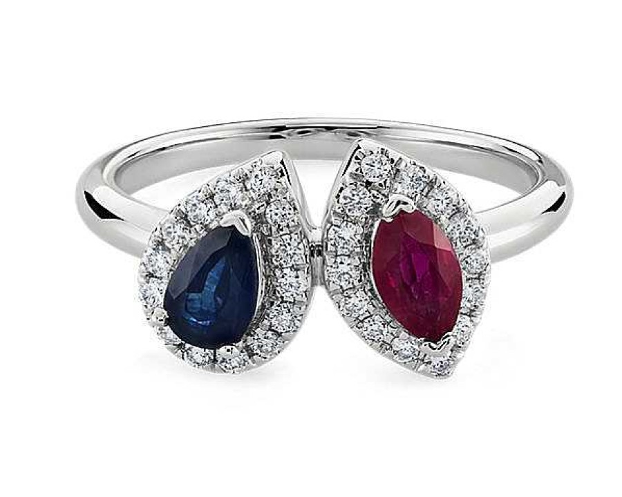 Rings | Blue Nile Sapphire And Ruby Two Stone Ring With Diamond Halo In 14K White Gold