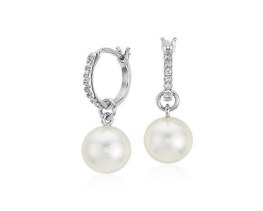 Earrings | Blue Nile Freshwater Cultured Pearl And White Topaz Drop Hoop Earrings In Sterling Silver (9Mm)