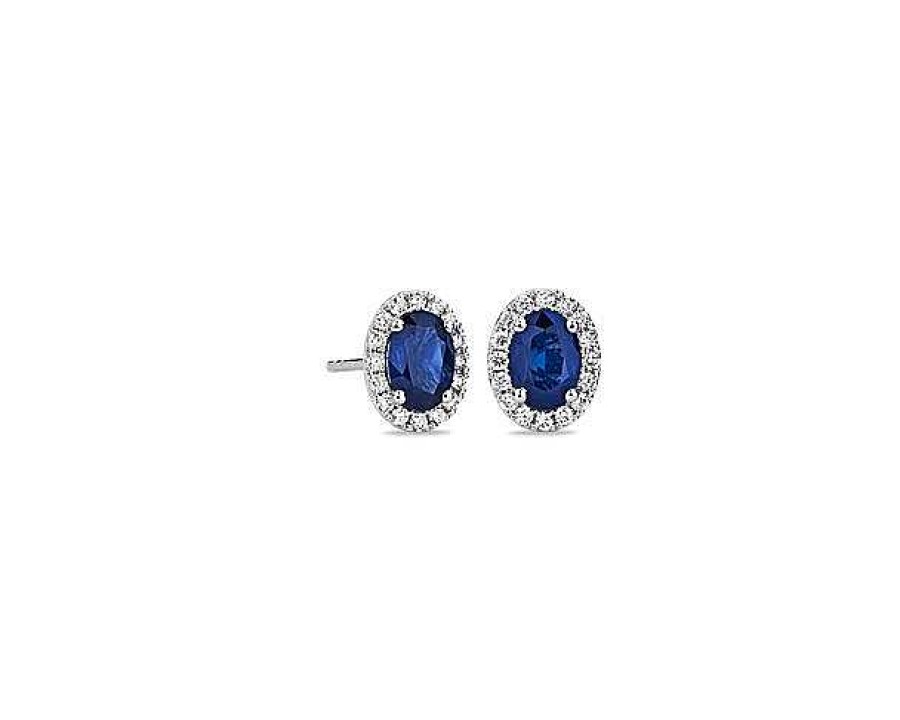 Earrings | Blue Nile Oval Sapphire And Diamond Micropav Stud Earrings In 14K White Gold (6X4Mm)