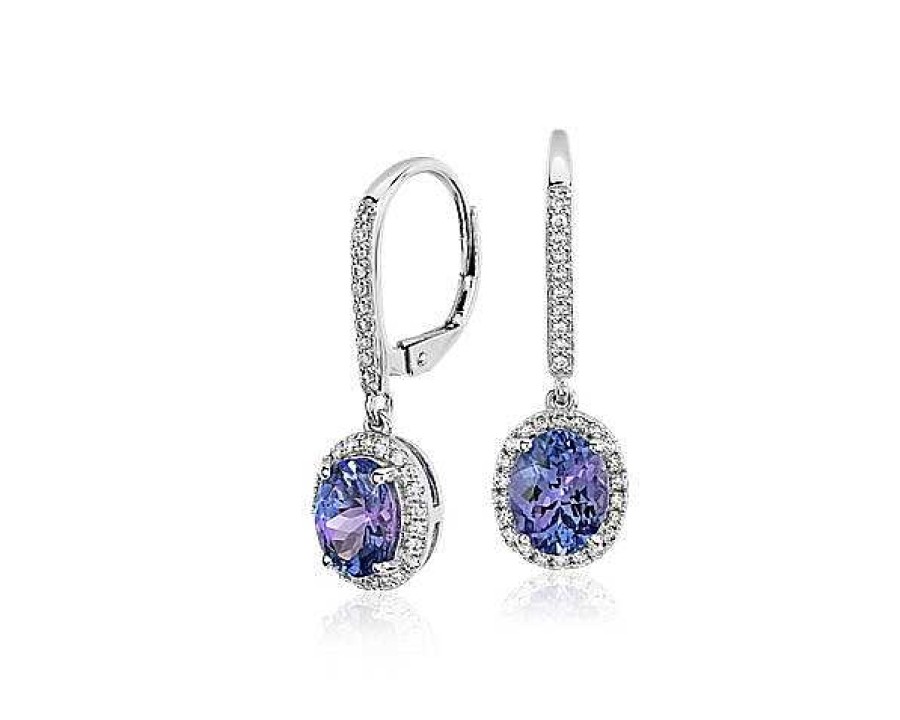 Earrings | Blue Nile Tanzanite And Diamond Halo Drop Earrings In 14K White Gold (8X6Mm)