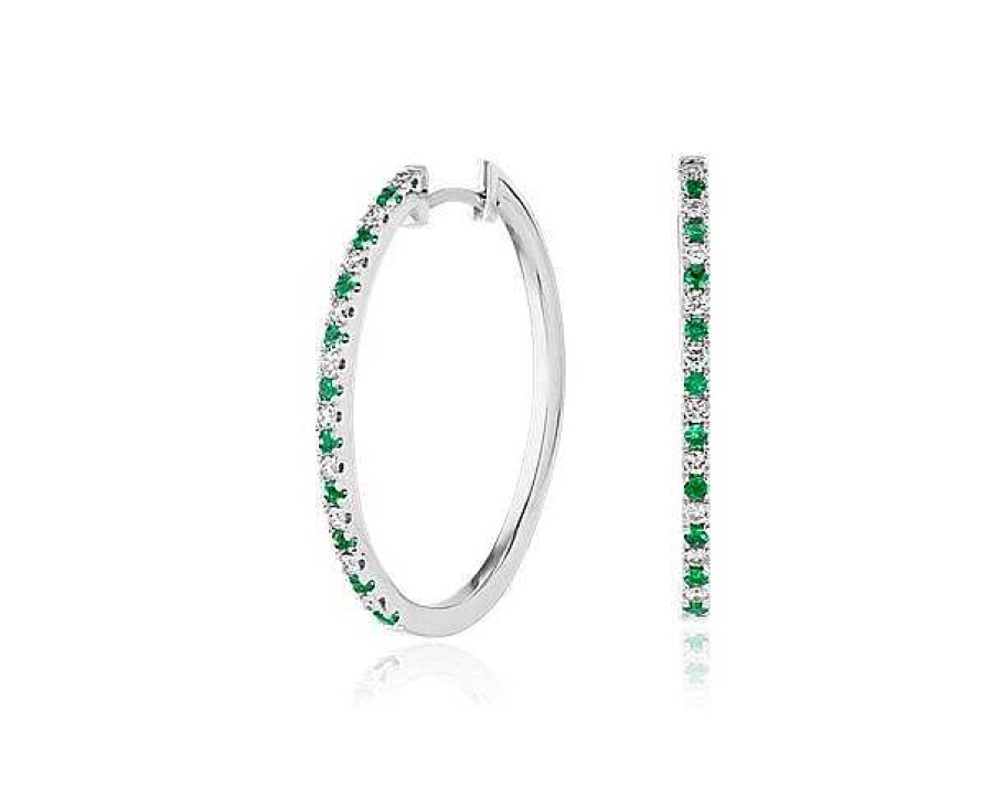 Earrings | Blue Nile Emerald And Diamond Oval Hoop Earrings In 14K White Gold (1.4Mm)