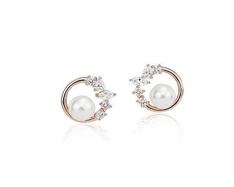 Earrings | Blue Nile Freshwater Cultured Pearl And Mixed-Shape Diamond Earrings In 14K Rose Gold (5-6Mm)