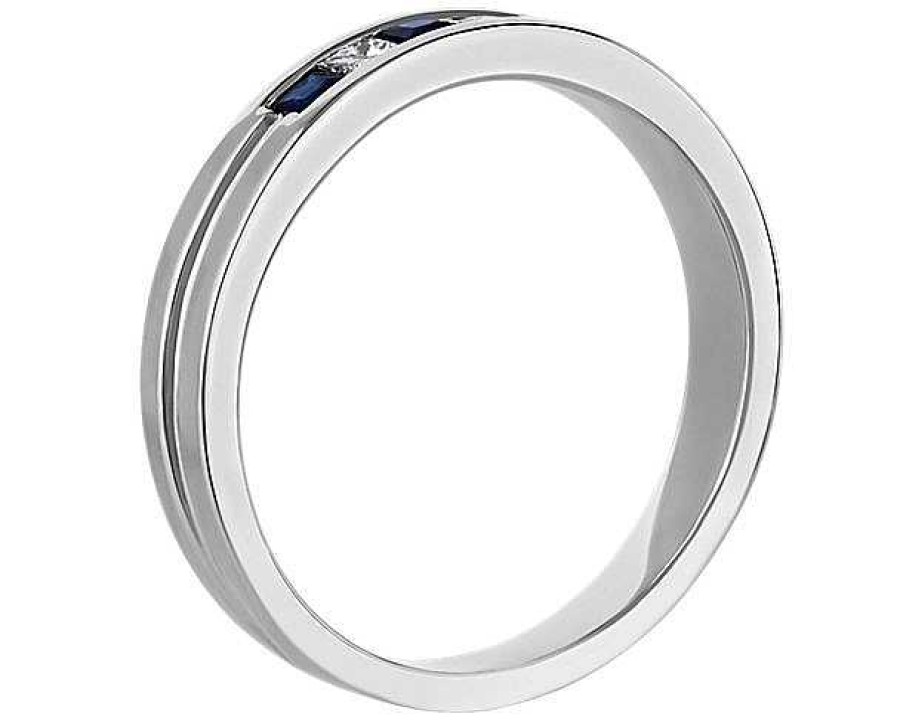 Men'S Rings | Blue Nile Men'S Princess-Cut Diamond And Sapphire Wedding Ring In 14K White Gold (1/8 Ct. Tw.)