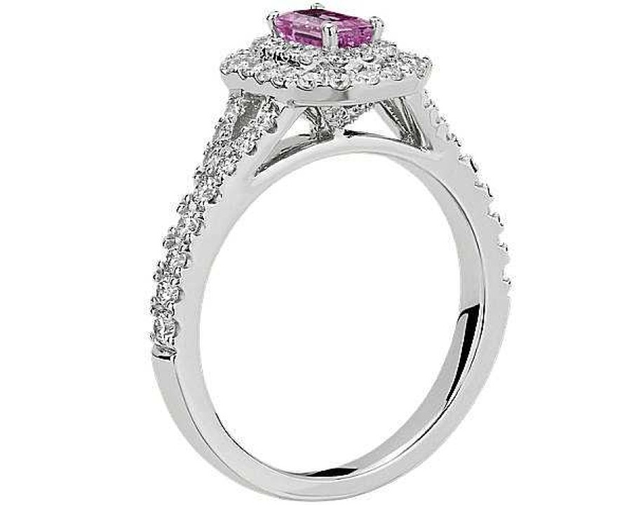 Rings | Blue Nile Emerald Cut Pink Sapphire Double Halo Ring In 14K White Gold (5X3Mm)