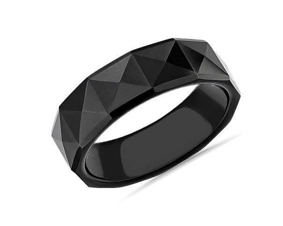 Men'S Rings | Blue Nile Faceted Pyramid Center Wedding Ring In Black Tungsten (7Mm)