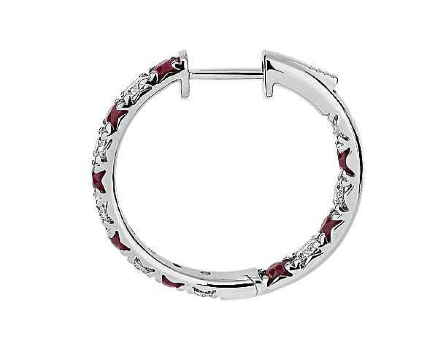 Earrings | Blue Nile Alternating Ruby And Diamond French Pave Hoop Earrings In 14K White Gold