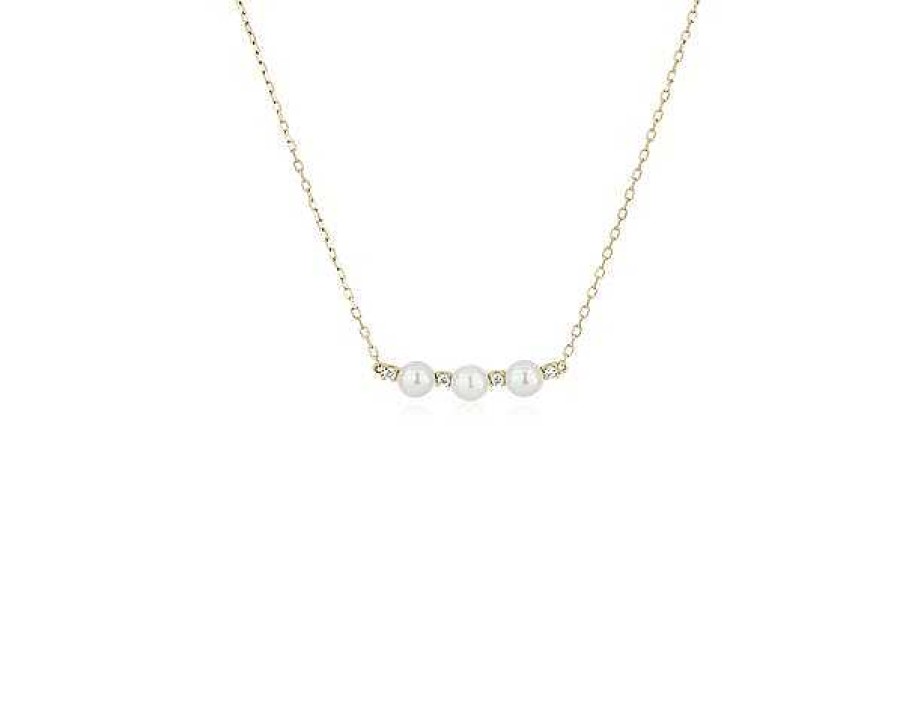 Necklaces | Blue Nile Triple Pearl Bar Necklace With Diamond Spacers In 14K Yellow Gold