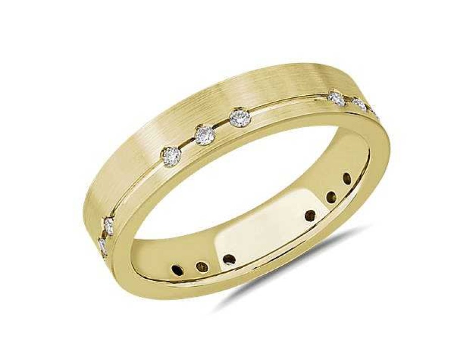 Men'S Rings | Blue Nile Diamond Brushed Line Wedding Ring In 18K Yellow Gold (5 Mm, 1/5 Ct. Tw.)