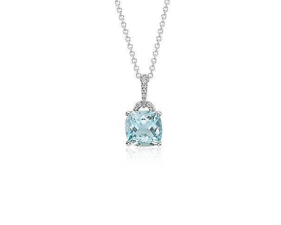 Necklaces | Blue Nile Cushion Cut Aquamarine And Diamond Pendant In 14K White Gold (8X8Mm)