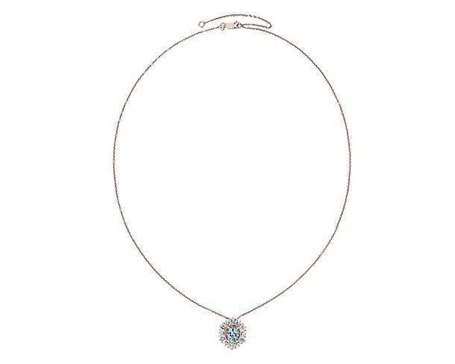 Necklaces | Blue Nile Oval Aquamarine Pendant With Baguette Halo In 14K Rose Gold (6X8Mm)