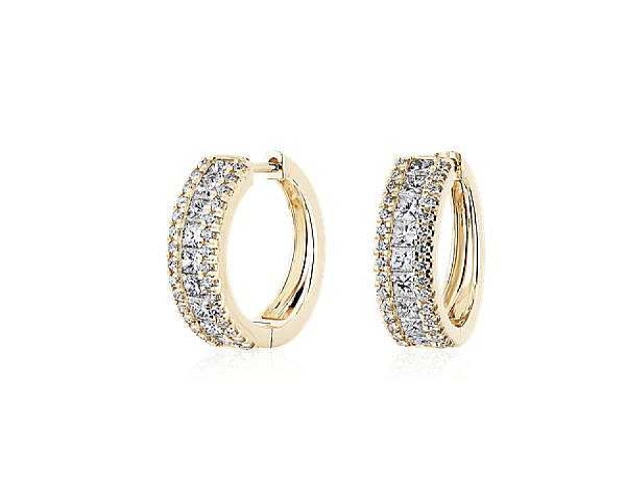 Earrings | Blue Nile Three Row Diamond Hoop Earrings In 14K Yellow Gold (1 1/2 Ct. Tw.)