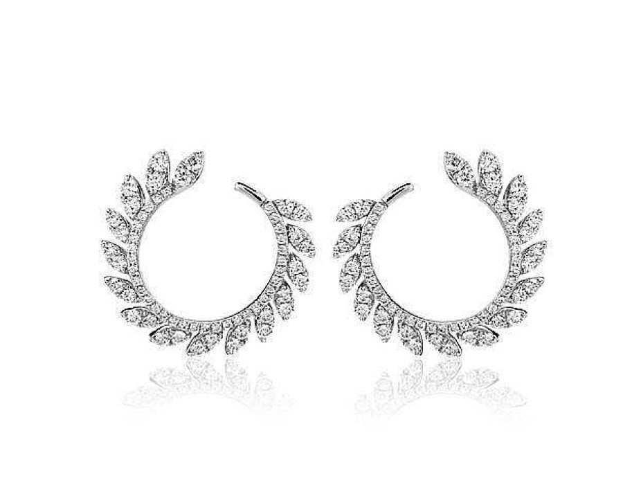 Earrings | Blue Nile Diamond Pav Leaf Hoop Earrings In 14K White Gold (7/8 Ct. Tw.)