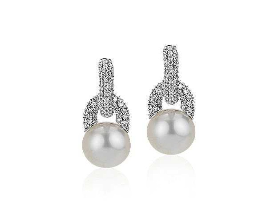 Earrings | Blue Nile Diamond Door Knocker Earrings With South Sea Cultured Pearls In 18K White Gold (9.5-10Mm)