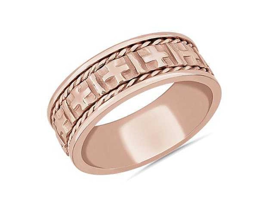 Men'S Rings | Blue Nile Braided Edge Cross Wedding Ring In 18K Rose Gold (8Mm)