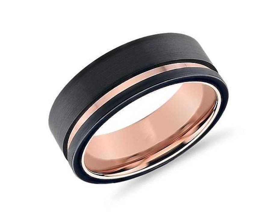 Men'S Rings | Blue Nile Asymmetrical Black & Rose Engraved Wedding Ring In Tungsten (8Mm)