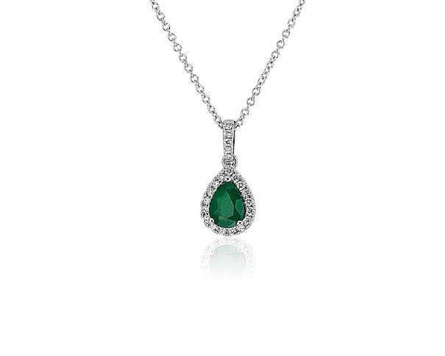 Necklaces | Blue Nile Pear Emerald Diamond Halo Pendant In 14K White Gold (7X5Mm)