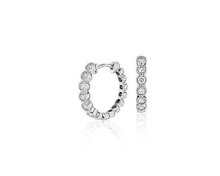 Earrings | Blue Nile Petite Diamond Milgrain Hoop Earrings In 14K White Gold (1/4 Ct. Tw.)