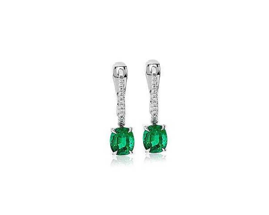 Earrings | Blue Nile Cushion-Cut Emerald Earrings With Diamond Drop In 14K White Gold (6X5Mm)