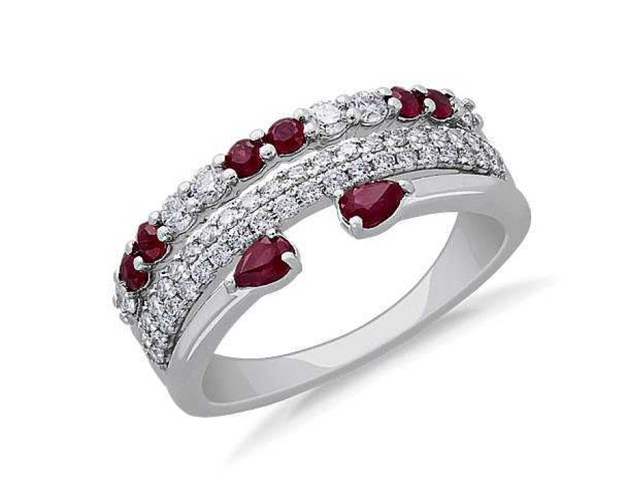 Rings | Blue Nile 3-Row Stacked Ruby Open Pear And Pav Diamond Ring In 14K White Gold (3/8 Ct. Tw.)