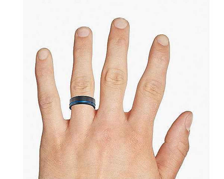 Men'S Rings | Blue Nile Asymmetrical Black & Blue Engraved Wedding Ring In Tungsten (8Mm)