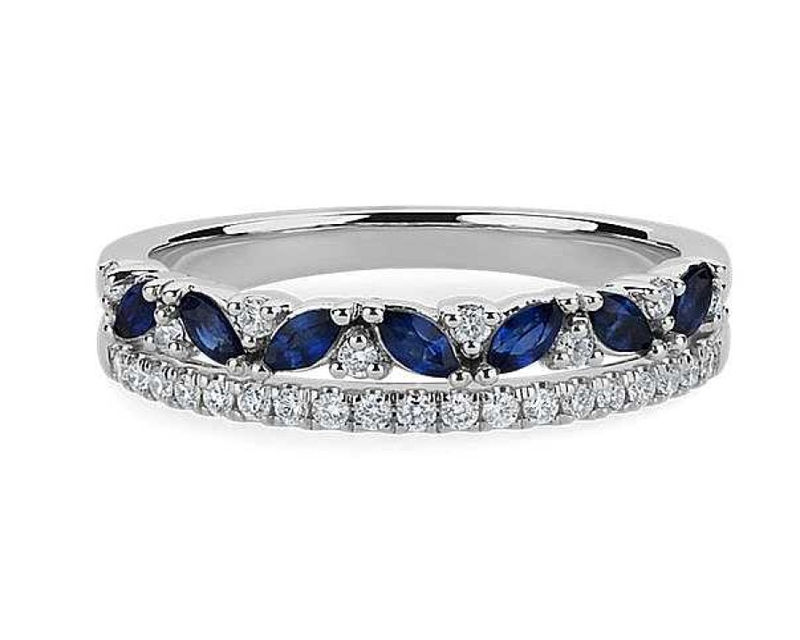 Rings | Blue Nile Two Row Diagonal Blue Sapphire Marquise And Pave Diamond Band In 14K White Gold